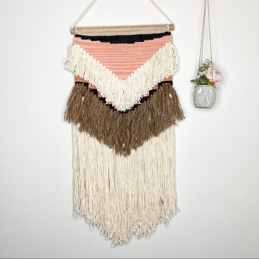 Boho Hippie Macrame Fringe Wall Hanging Peach Ecru